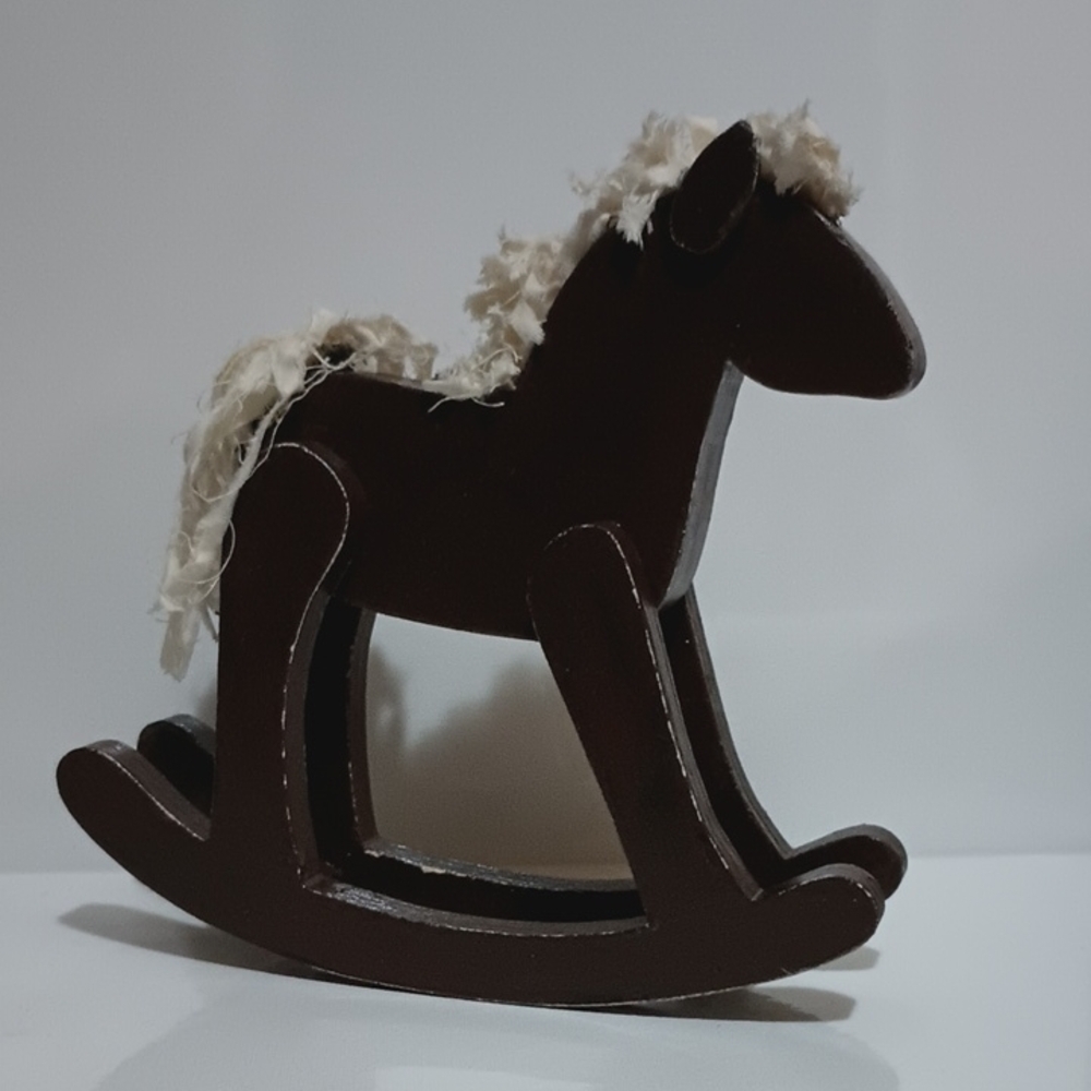 Refurbished Wooden Rocking Horse Figurine in Dark Brown with Cream Mane